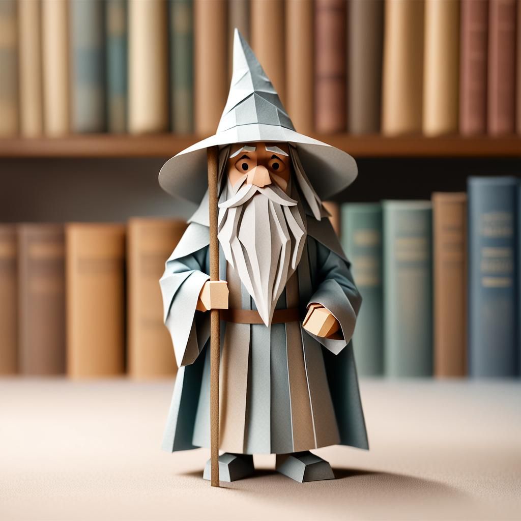Gandalf in Origami Papercraft Hat in Misty Library