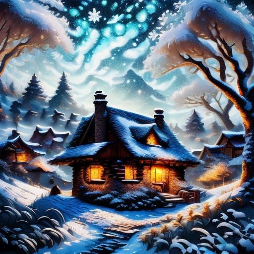 Cozy Cabin in Snowy Woodland Evening