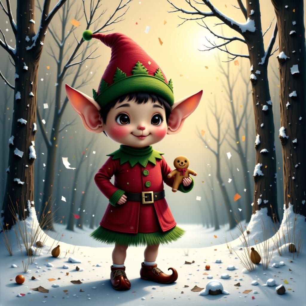 Christmas Elf in Snowy Forest, Digital Matte Painting