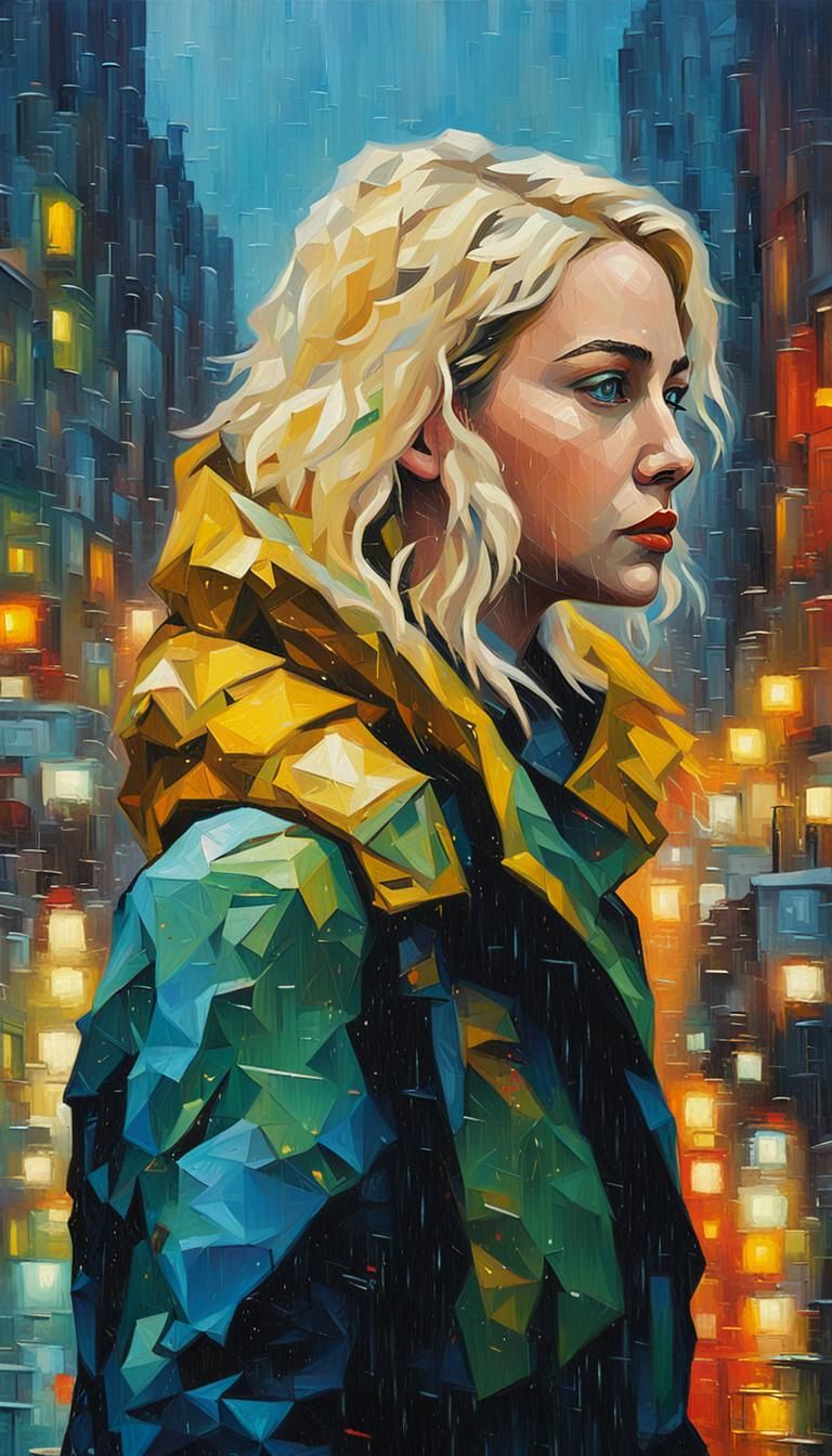 Curvaceous Sci-Fi Protagonist in Rainy Cyberpunk City