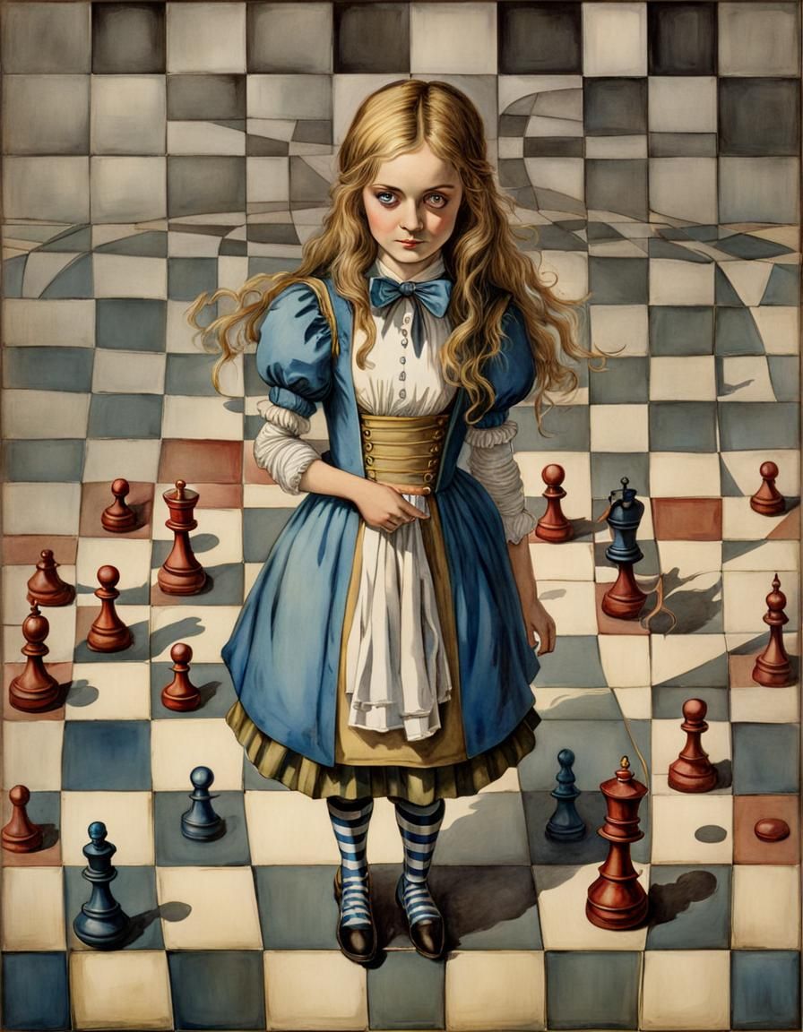 Alice in Wonderland on Chessboard, Watercolor Style