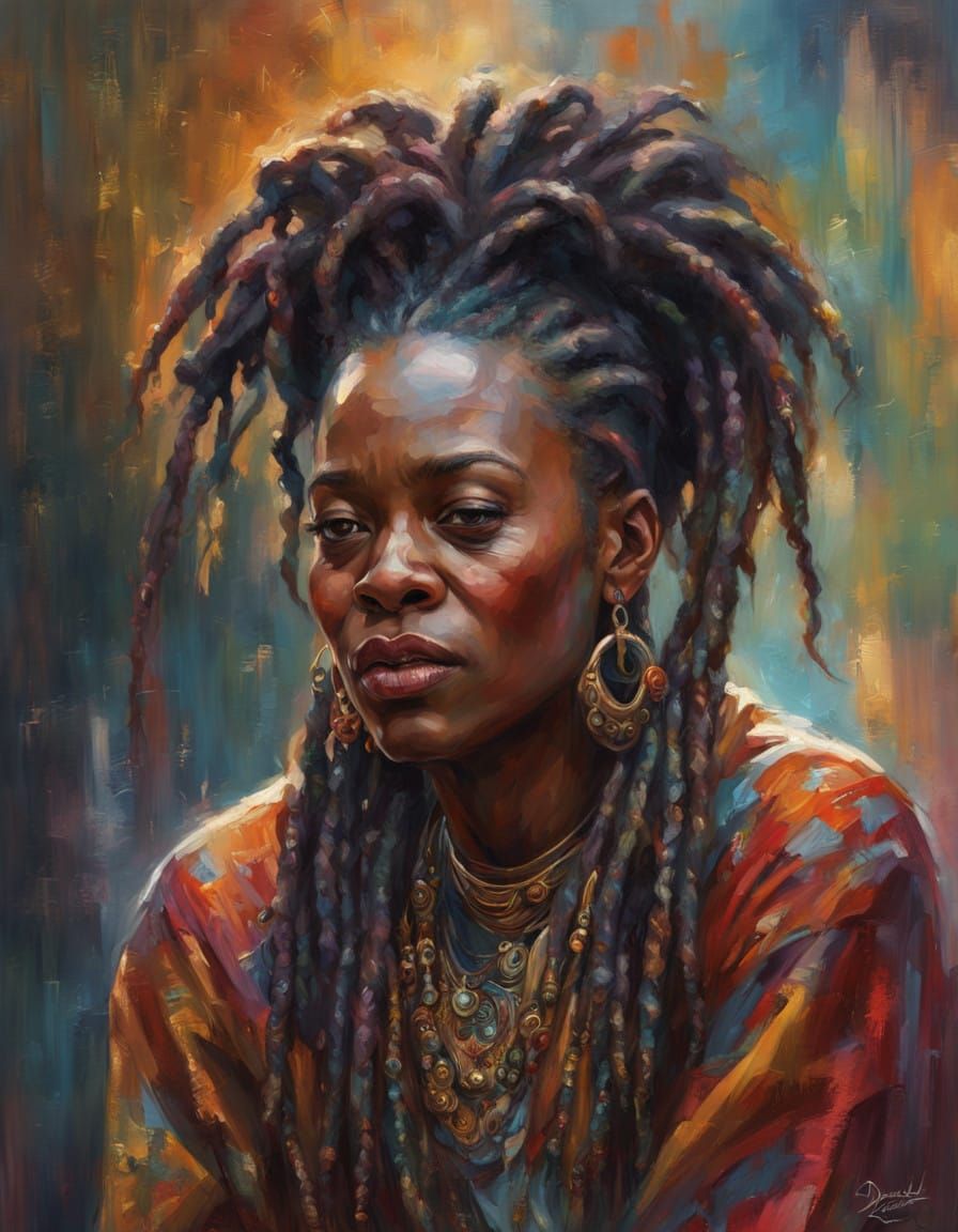 African Queen with Multicoloured Dreadlocks in a Regal Portr...
