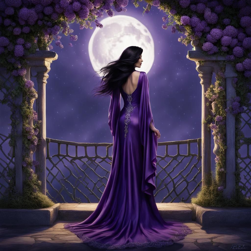 Moonlit Raven-Haired Beauty in Purple Gown