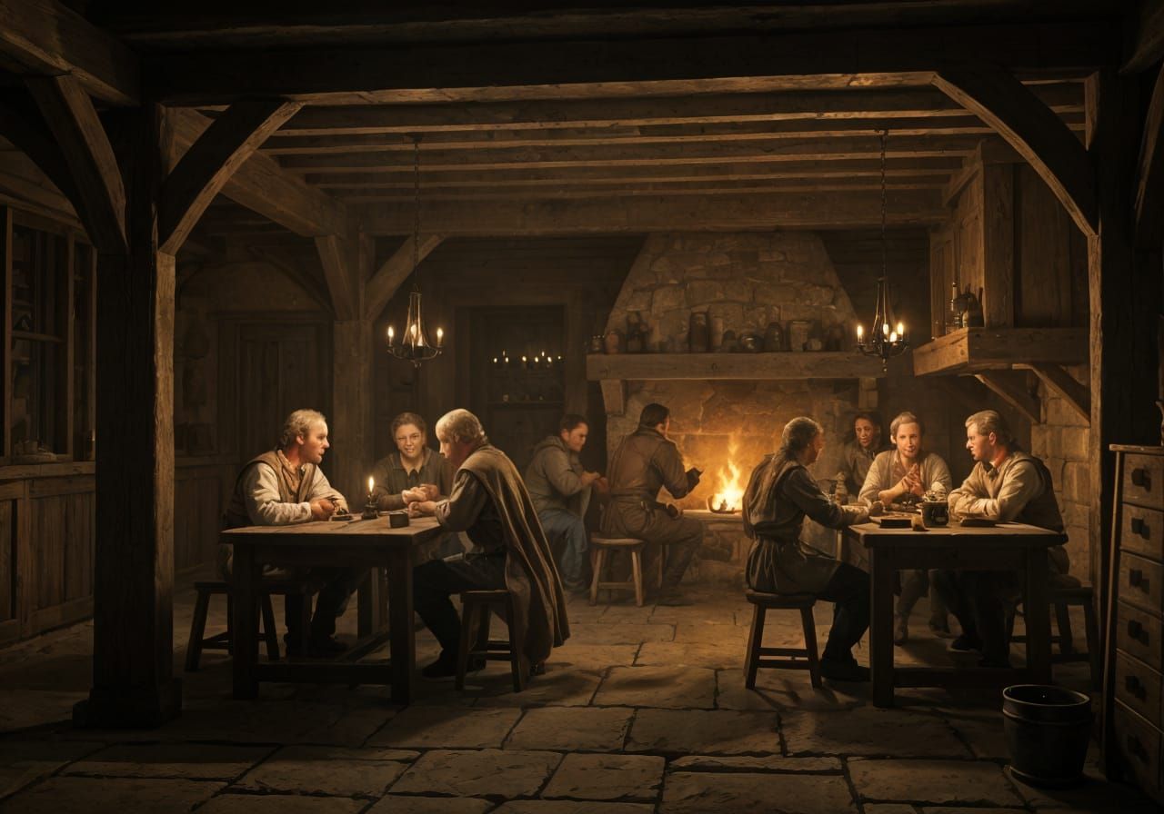 Realistic Medieval Tavern Scene with Golden Light