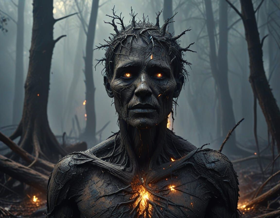 Eerie Ash Figure Weeping in Dark Fantasy Forest