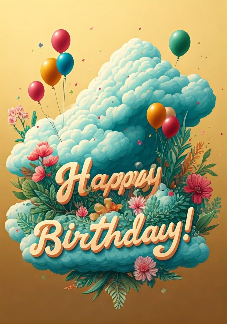 Joyful Birthday Art with Swirling Clouds and Confetti