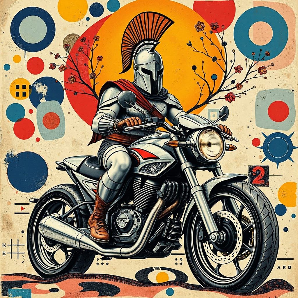 Spartan Rides Futuristic Motorbike in Vibrant, Surrealist St...