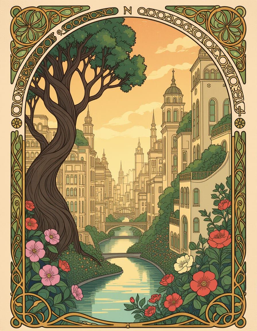 Surreal Art Nouveau Cityscape with Nature Elements