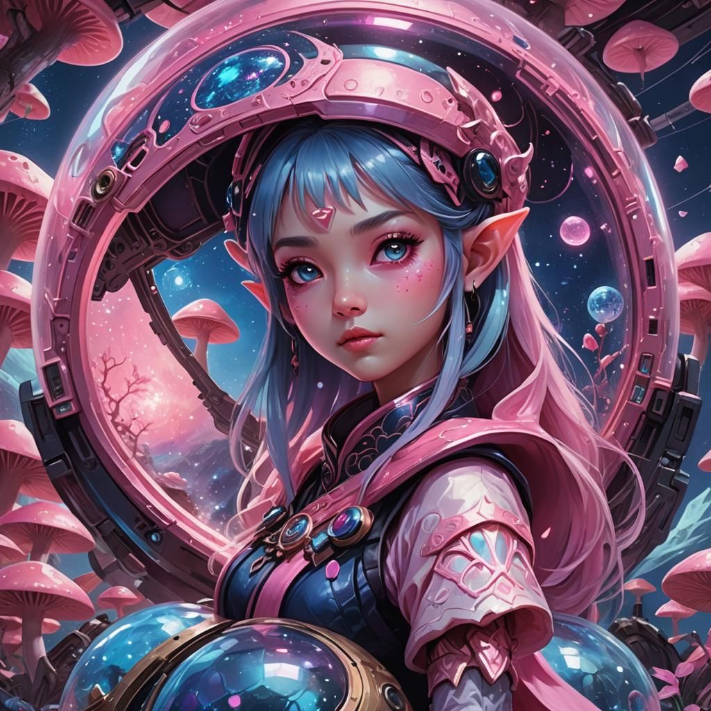 Elf Ninja Princess in Mushroom Spaceship: Fantasy Art