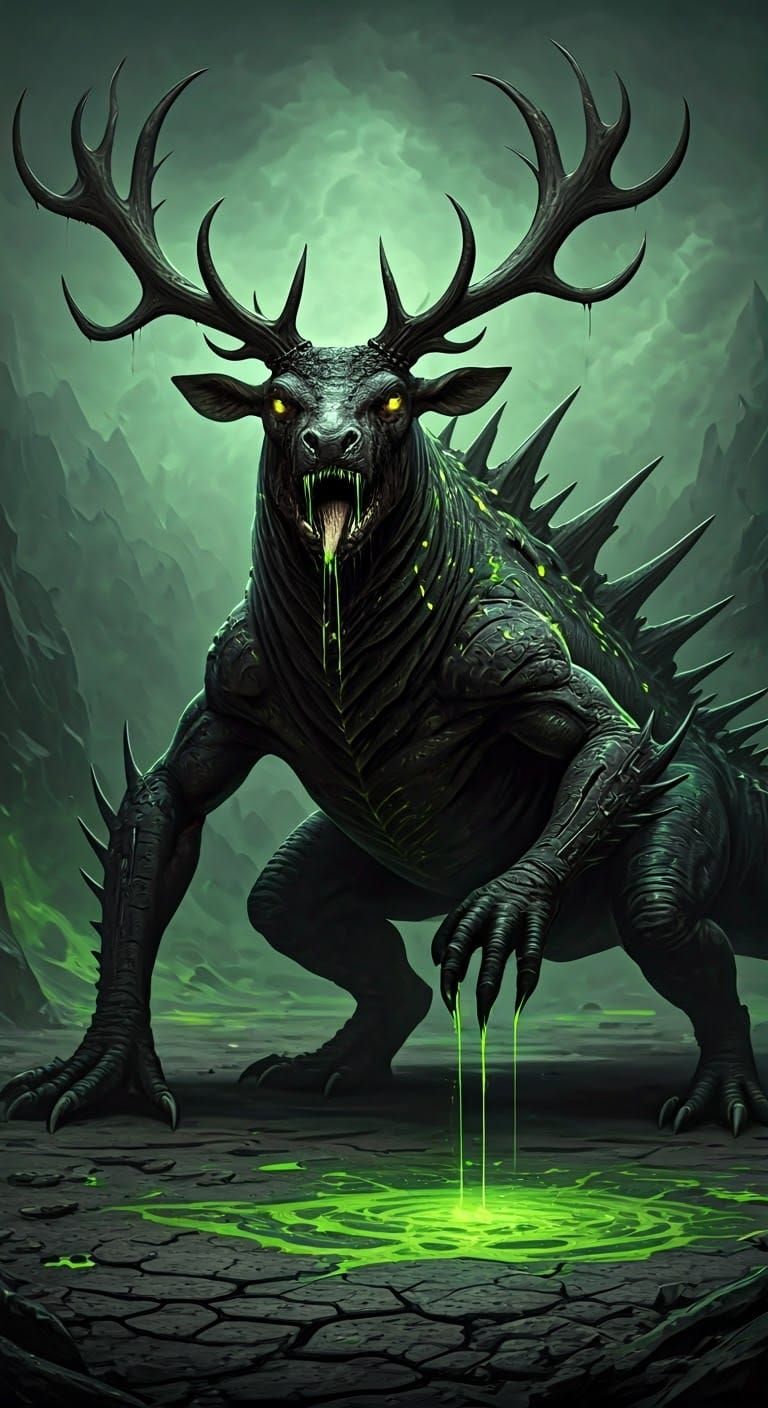Terrifying Dragon-Elk Hybrid in Beksiński Style