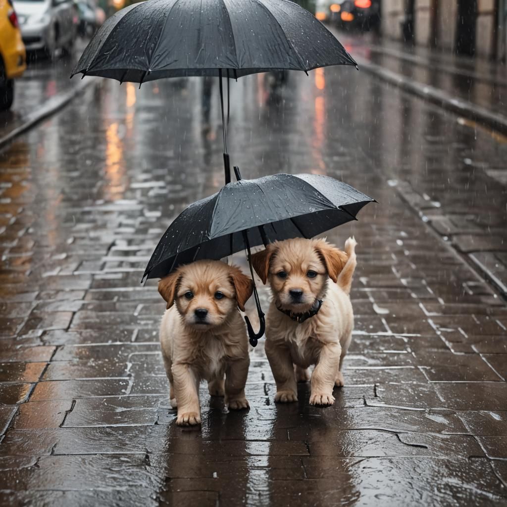 Puppies Walking in the Rain