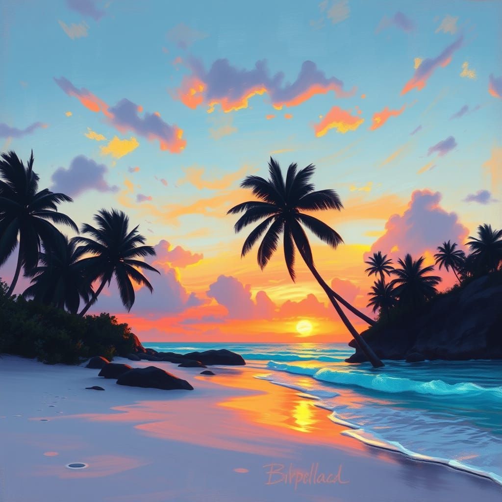 Bioluminescent Twilight Beach Inspired by Impressionism