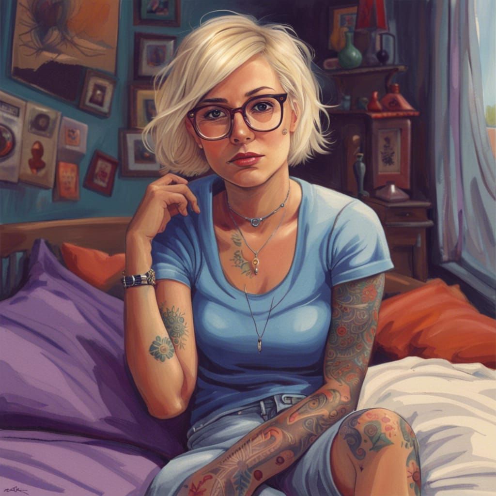 Portrait of a Tattooed Blond Woman in Blue Bedroom