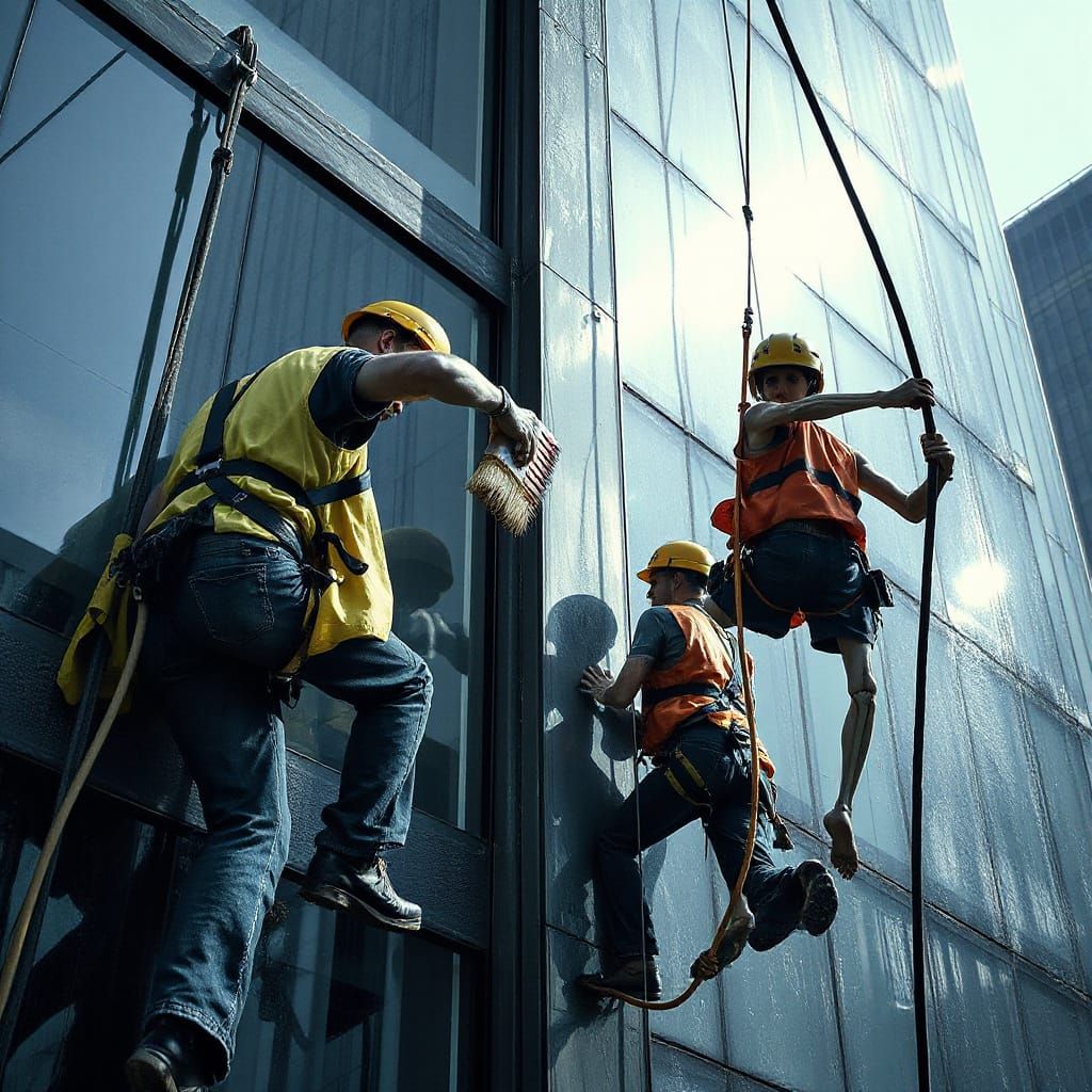 Skeleton Workers Clean Skyscraper Facade: Hyper-Realistic Di...