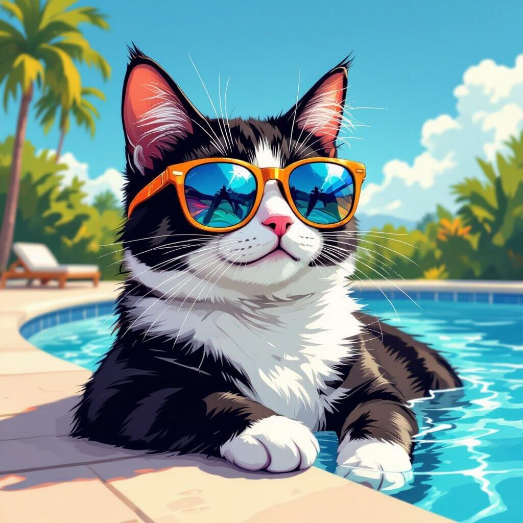 Cool Cat with Sunglasses Lounging by Pool