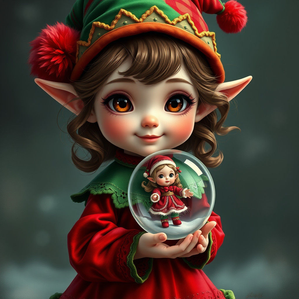 hyperrealistic oil painting a chibi elf girl wearing a red dress with green lace details, green elf hat with trim and re...