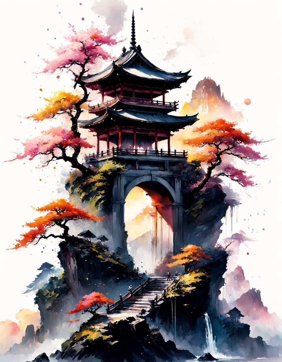 Shogun Silhouette with Cherry Blossom Pergola