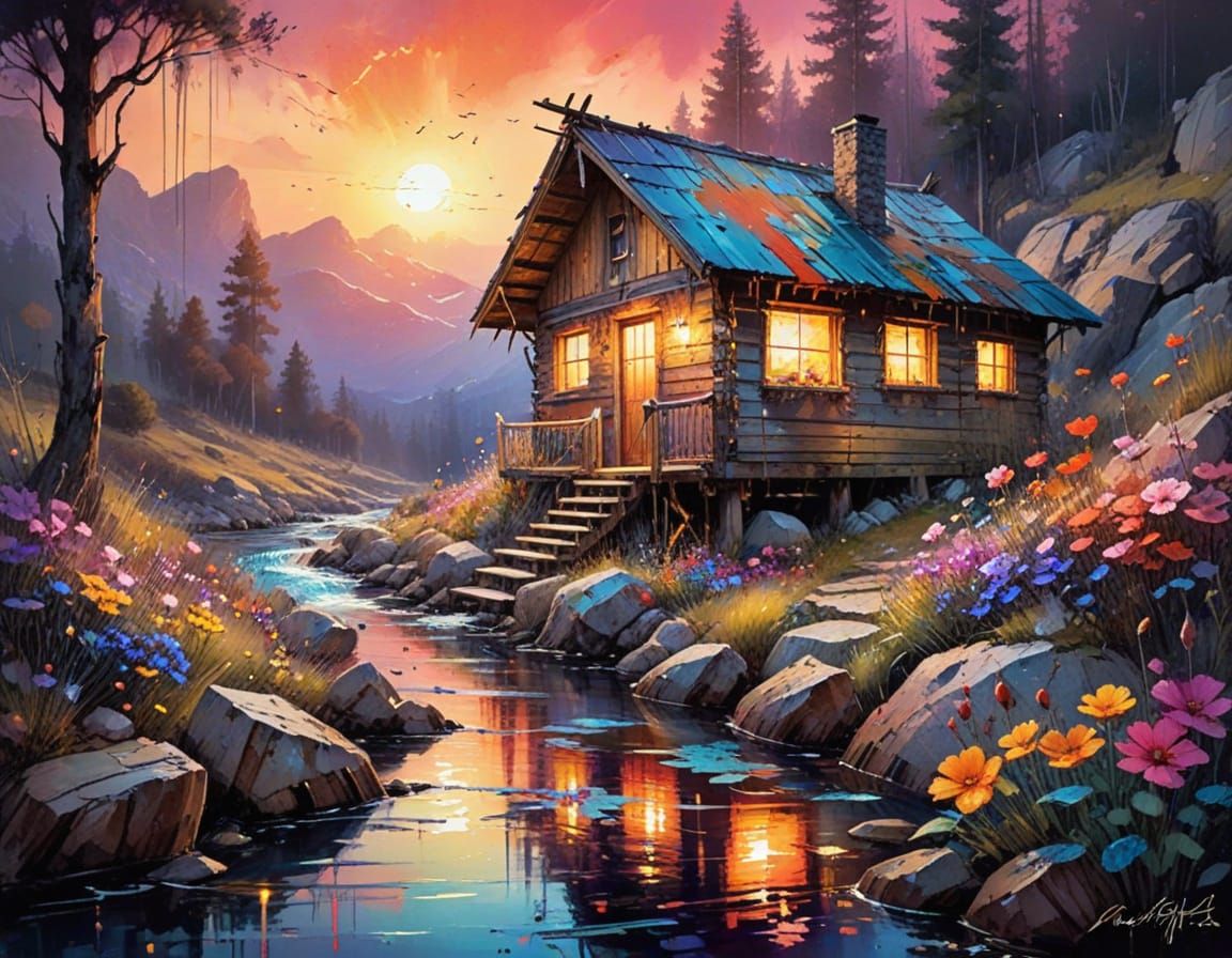 Vibrant Sunset Landscape in Drip Painting Style