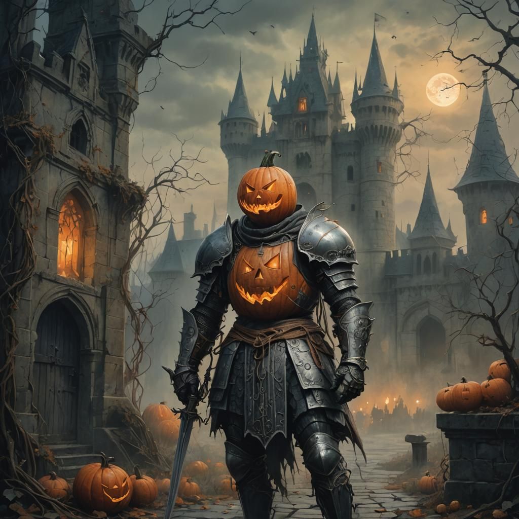 Menacing Pumpkin Knight in Misty Castle Courtyard