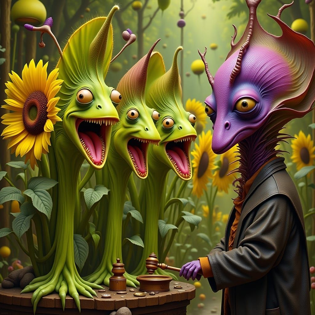 Venus Flytrap Attorneys in Whimsical Courtroom Scene