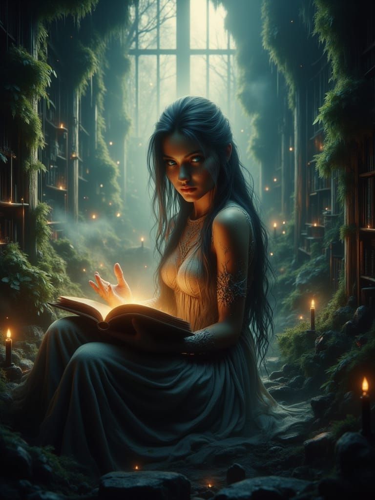 Enchanted Forest Library: Woman Pondering Ancient Tome
