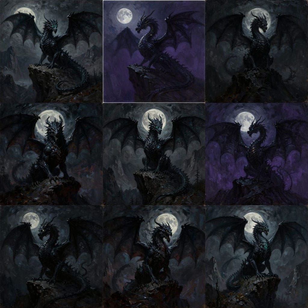 Ominous Dark Dragon on Mountain Ledge Oil Painting