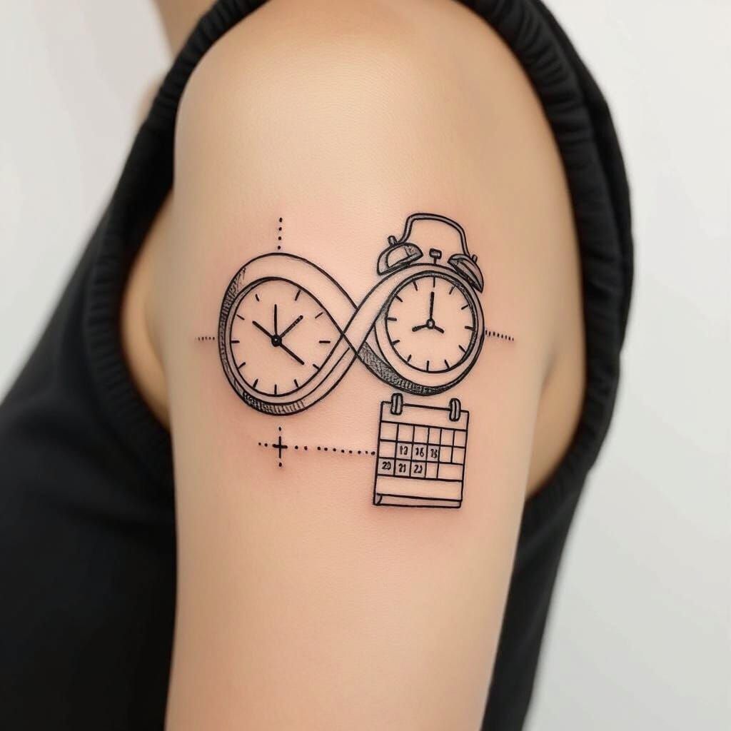 Infinity Tattoo with Clock and Calendar in Minimalist Style