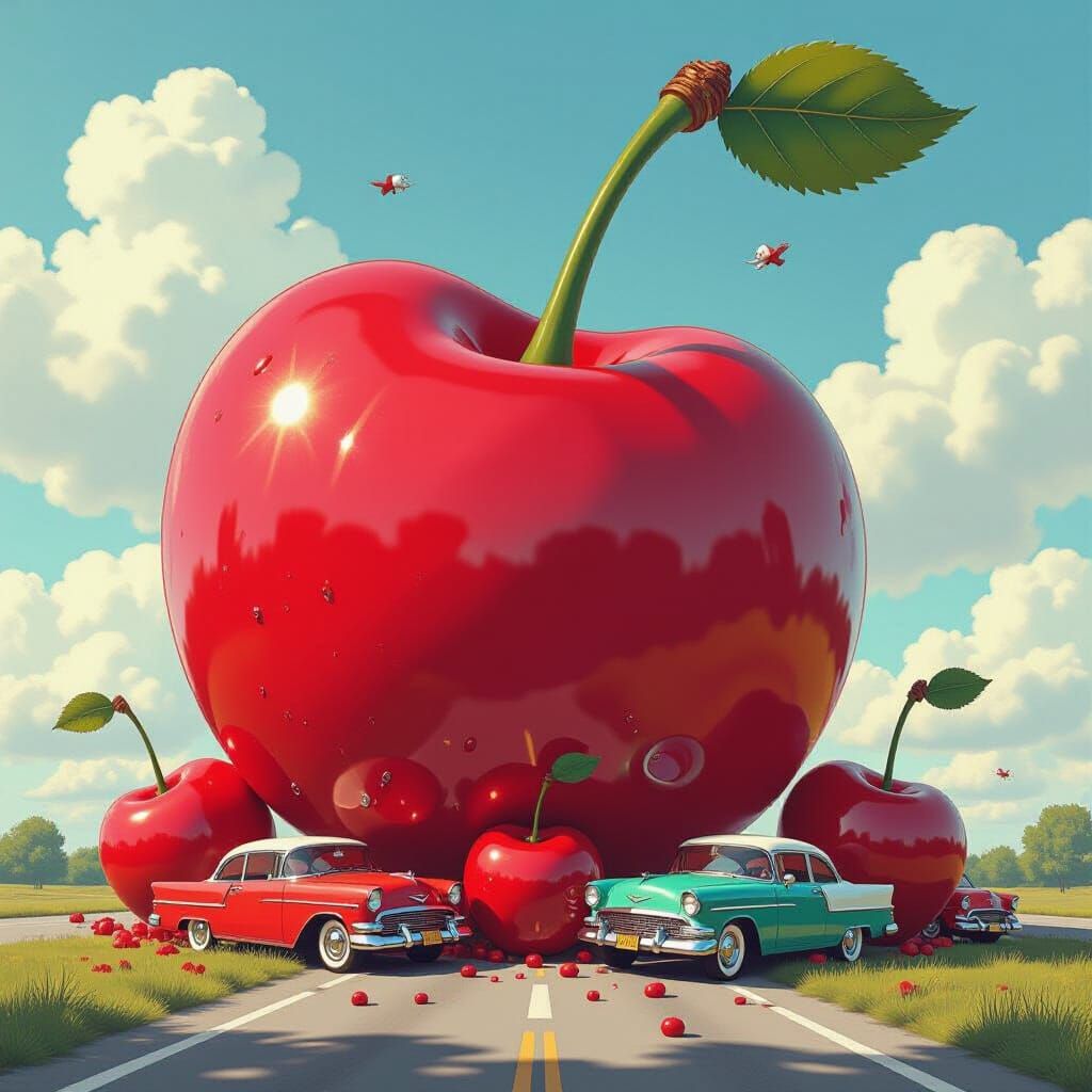 Giant Cherries Crush Cars in Dreamlike Scene