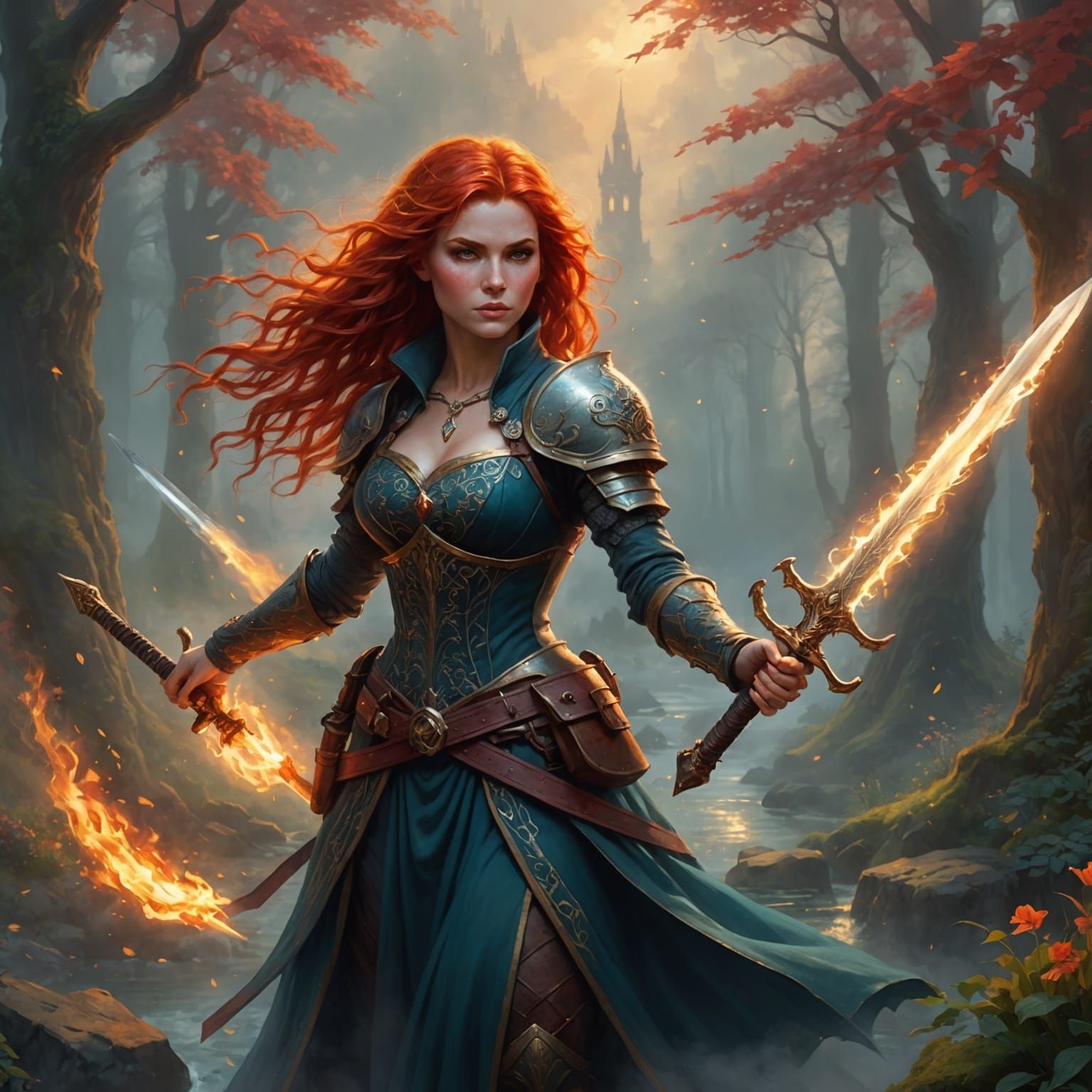 Ethereal Fantasy: Red-Haired Warrior in Mist