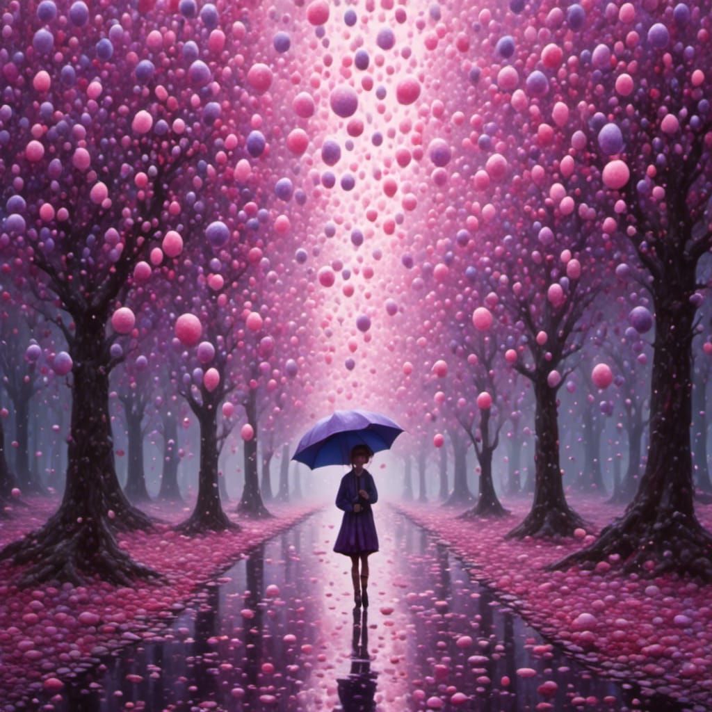 Girl with Umbrella in Rainy Surreal Park