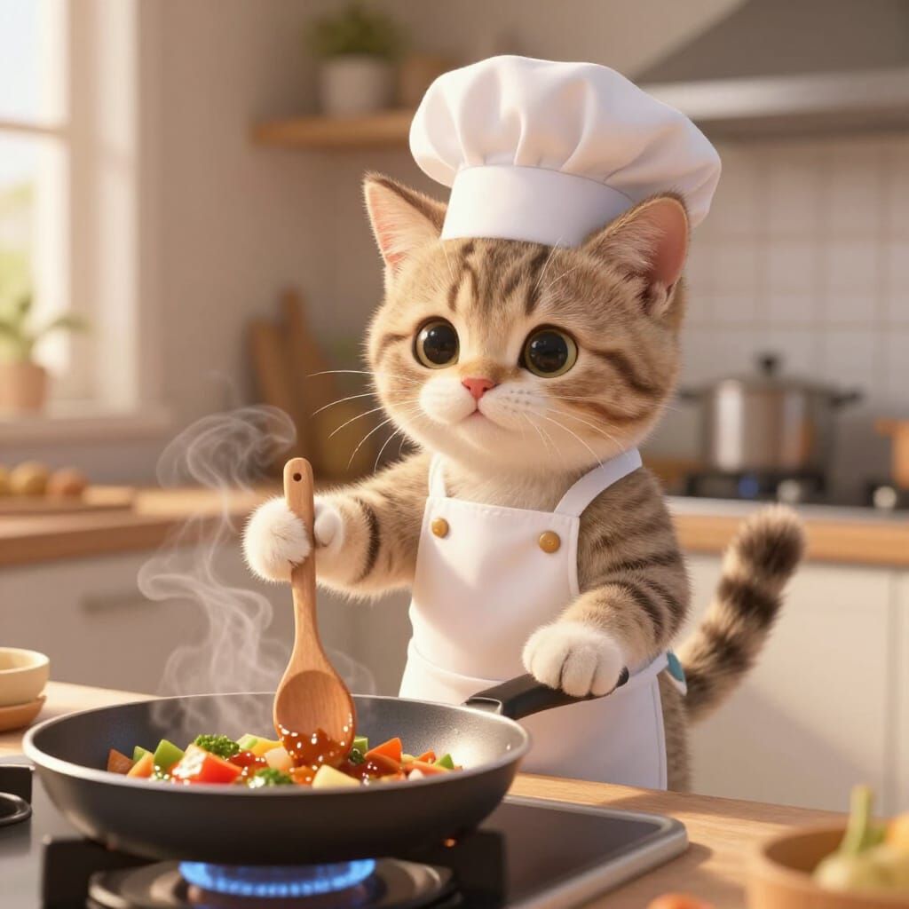 Tiny Chef Kitten Cooking in Cozy Kitchen