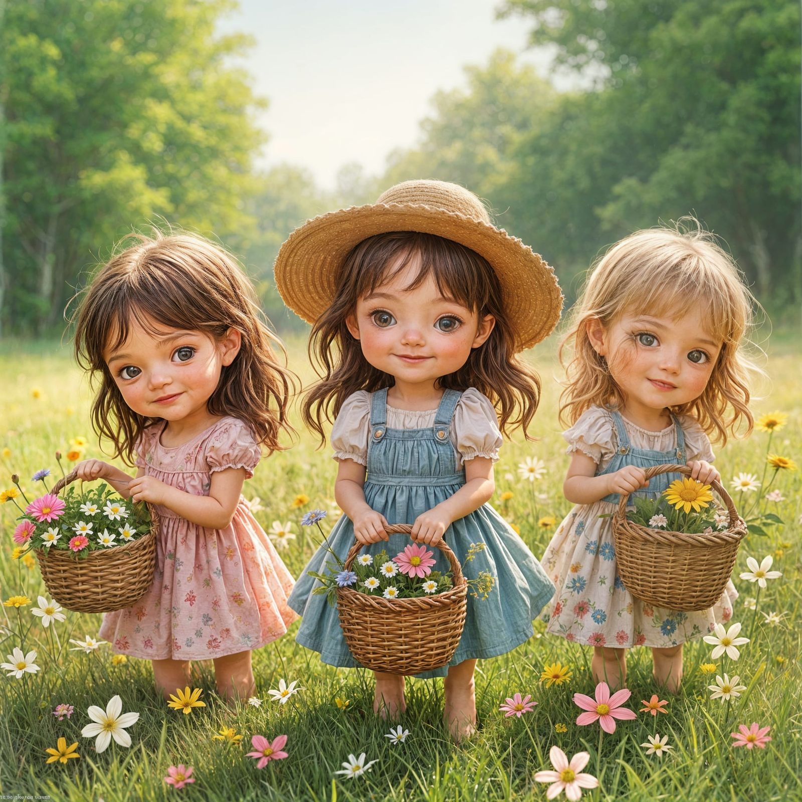 Girls Picking Flowers in Sunny Meadow