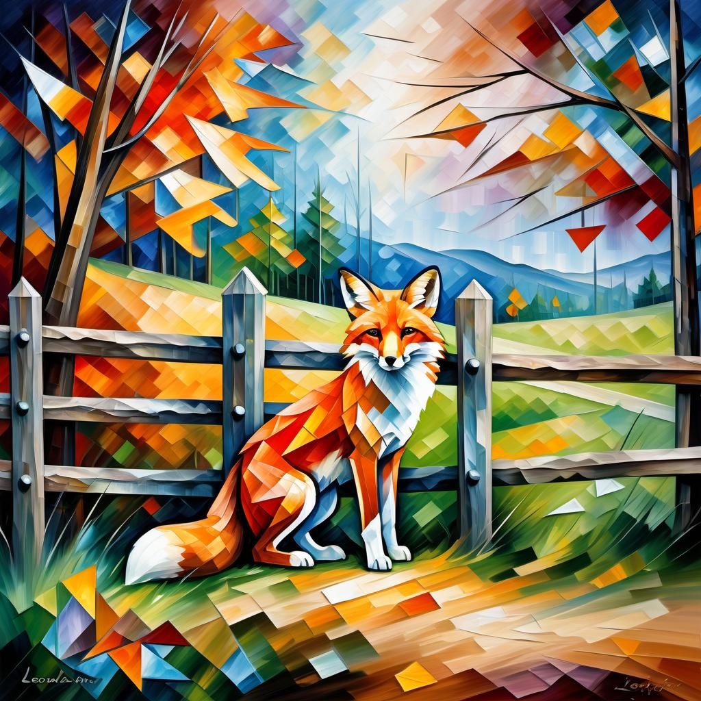 Fox by Fence in Cubist Geometric Style