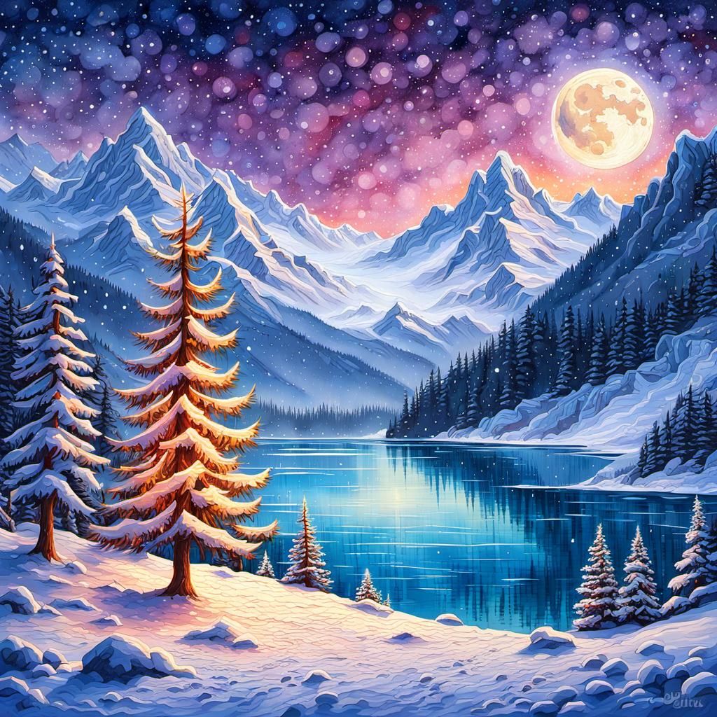 Winter Landscape with Fishing Boat and Starry Sky