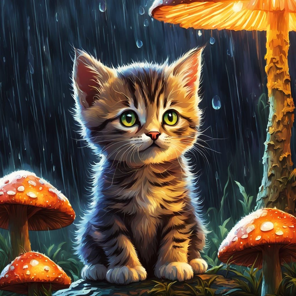 Kitten Under Glowing Mushroom in Whimsical Fantasy Rain