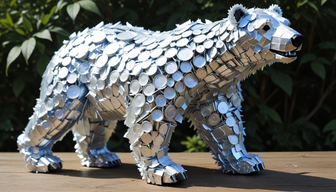 Polar Bear Sculpture Made of Recycled Cans