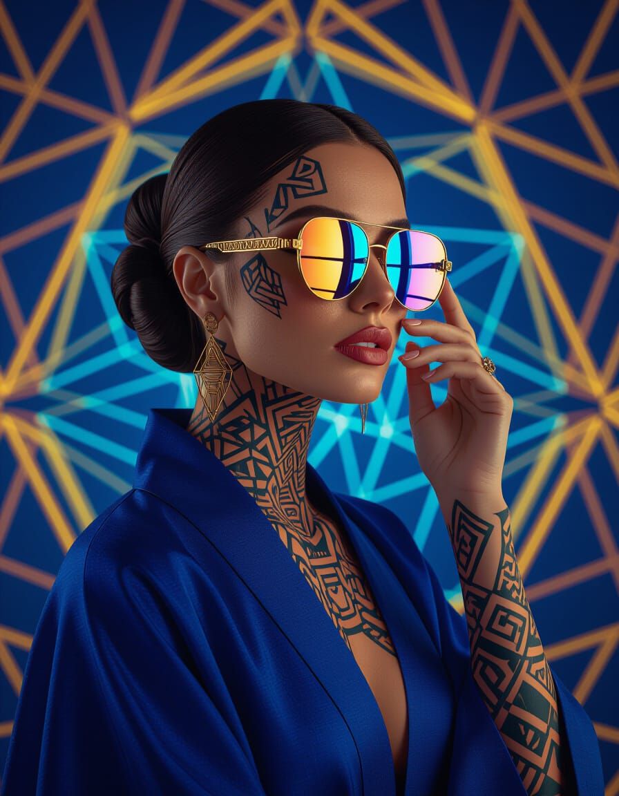 Woman with Geometric Tattoos in Biomechanical Cyberpunk Styl...
