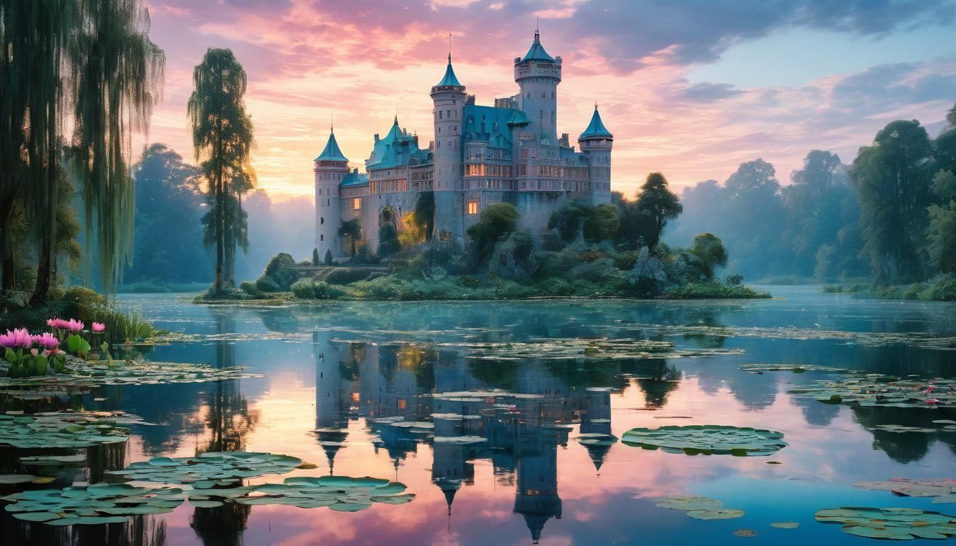 Sunset Castle Landscape in Baroque Style