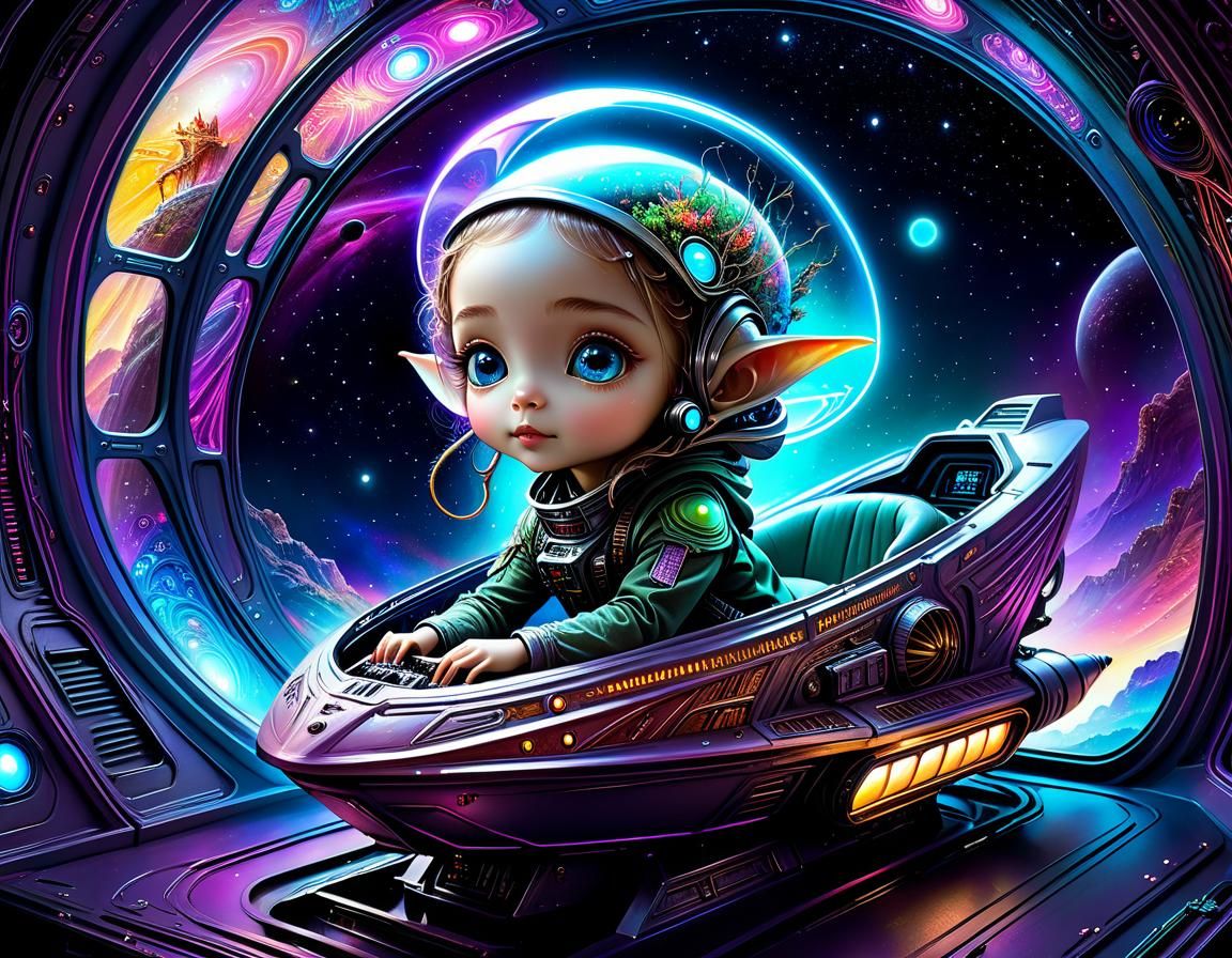 Cute Alien in Spaceship with Neon Lights