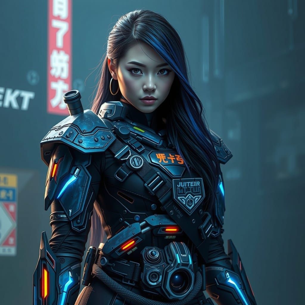 Cyberpunk Chinese Superheroine in Futuristic Armor