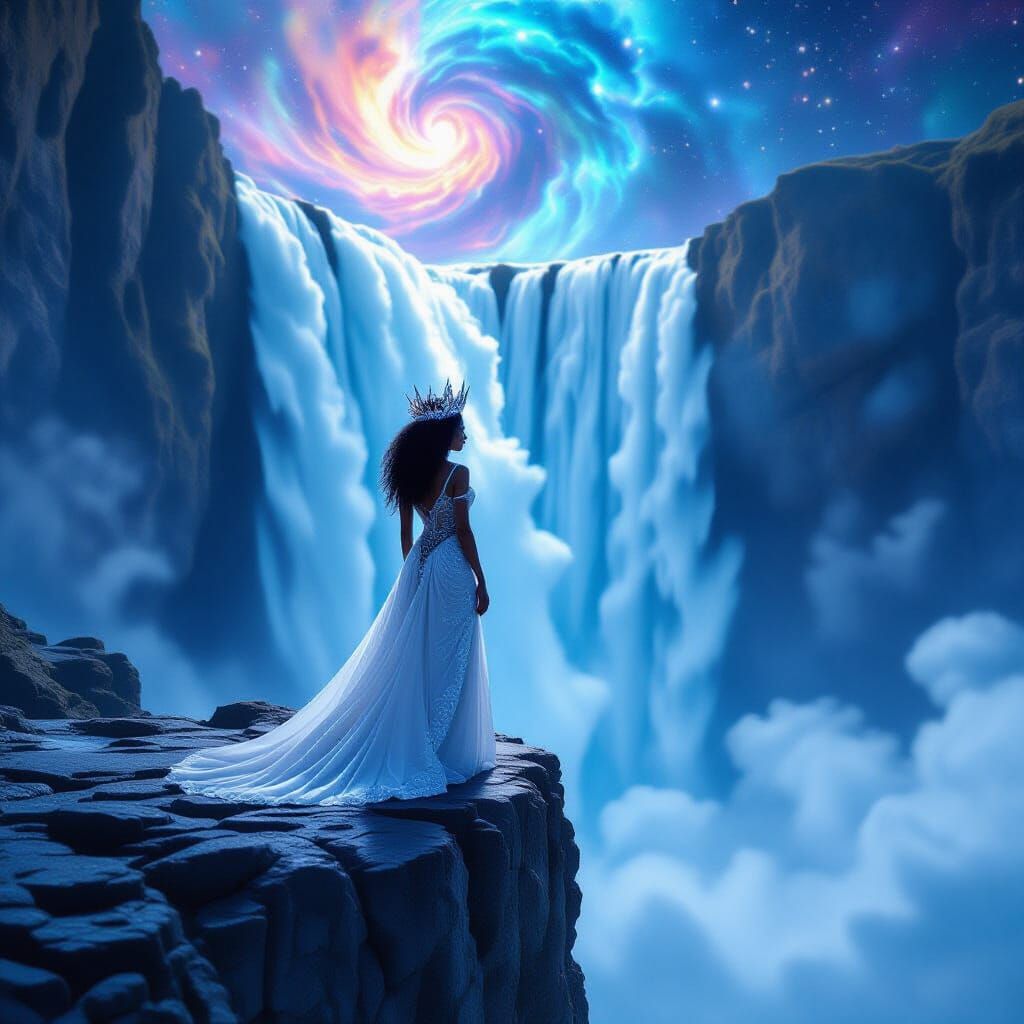 Cosmic Princess at Waterfall in Starlight Crown