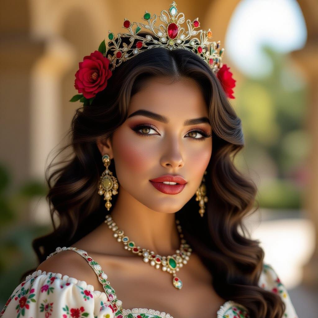 Regal Mid-Century Mexican Princess, Hyper-Realistic
