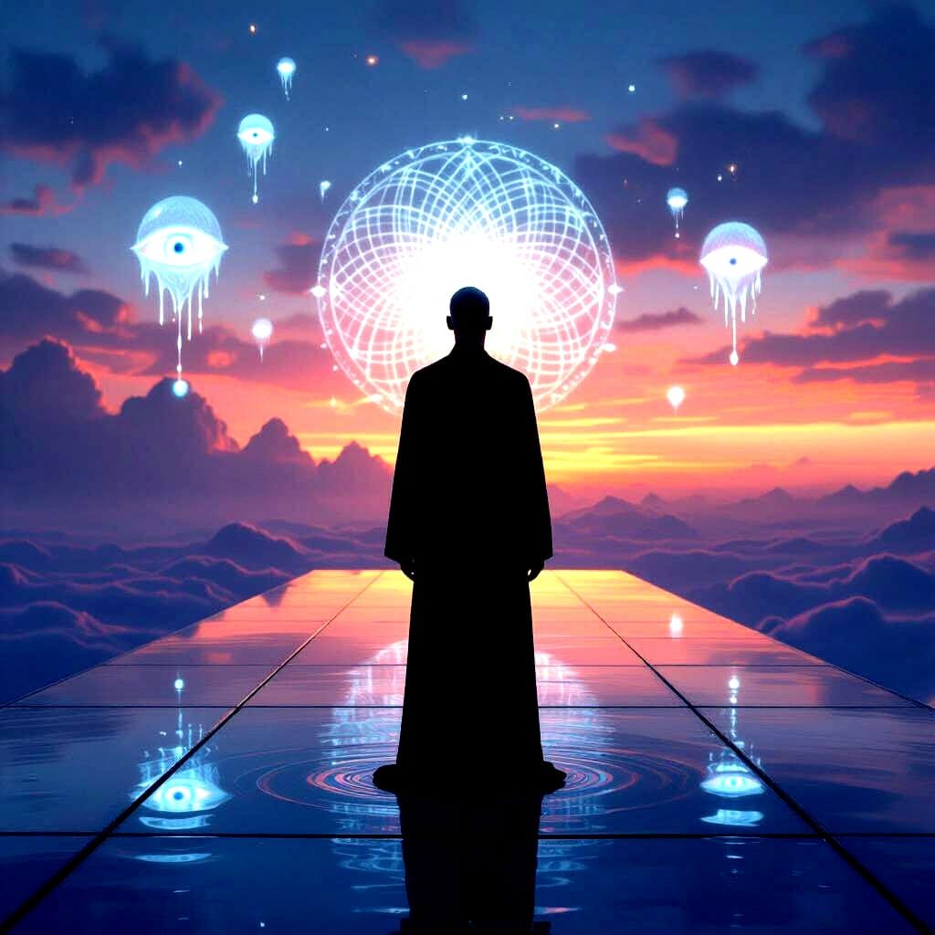 Surreal Figure on Glowing Floor with Hallucinations