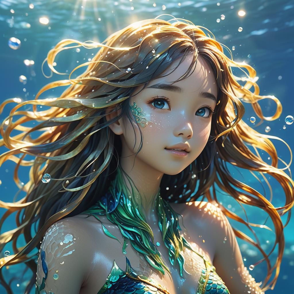 Indigenous Mermaid in Sparkling Ocean: 3D Anime Art