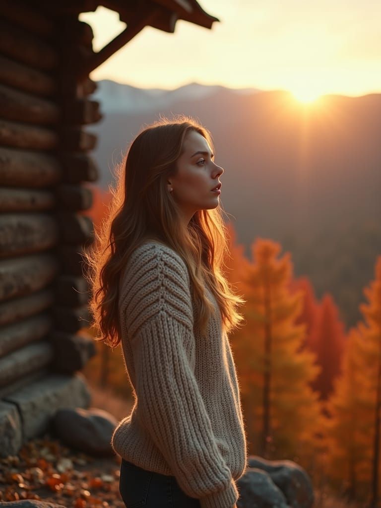Autumn Nostalgia: Woman Gazing at Valley in Golden Light