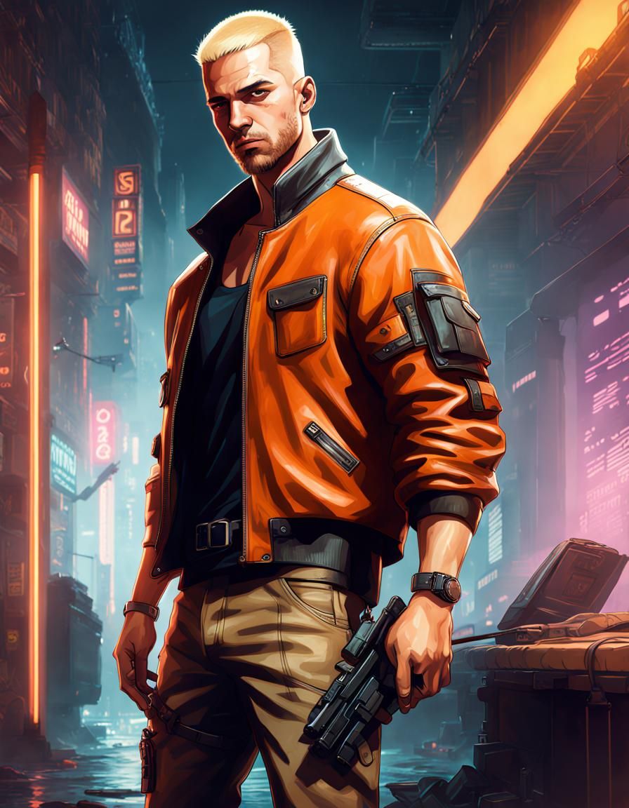 Cyberpunk Mercenary in Orange Leather Jacket