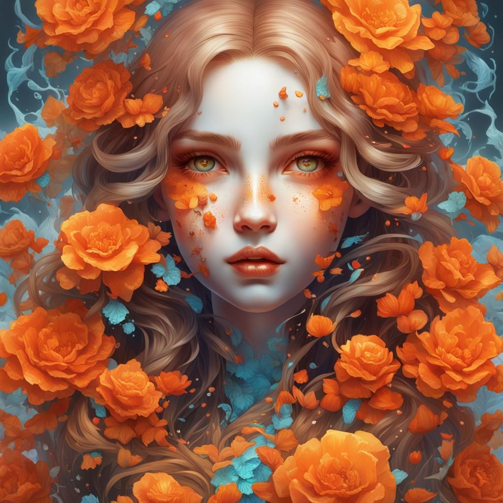 Porcelain Doll Portrait with Orange Flowers, Ink Art