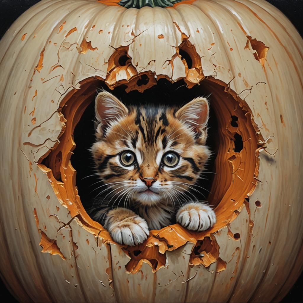 Kitten in Pumpkin: Oil Painting