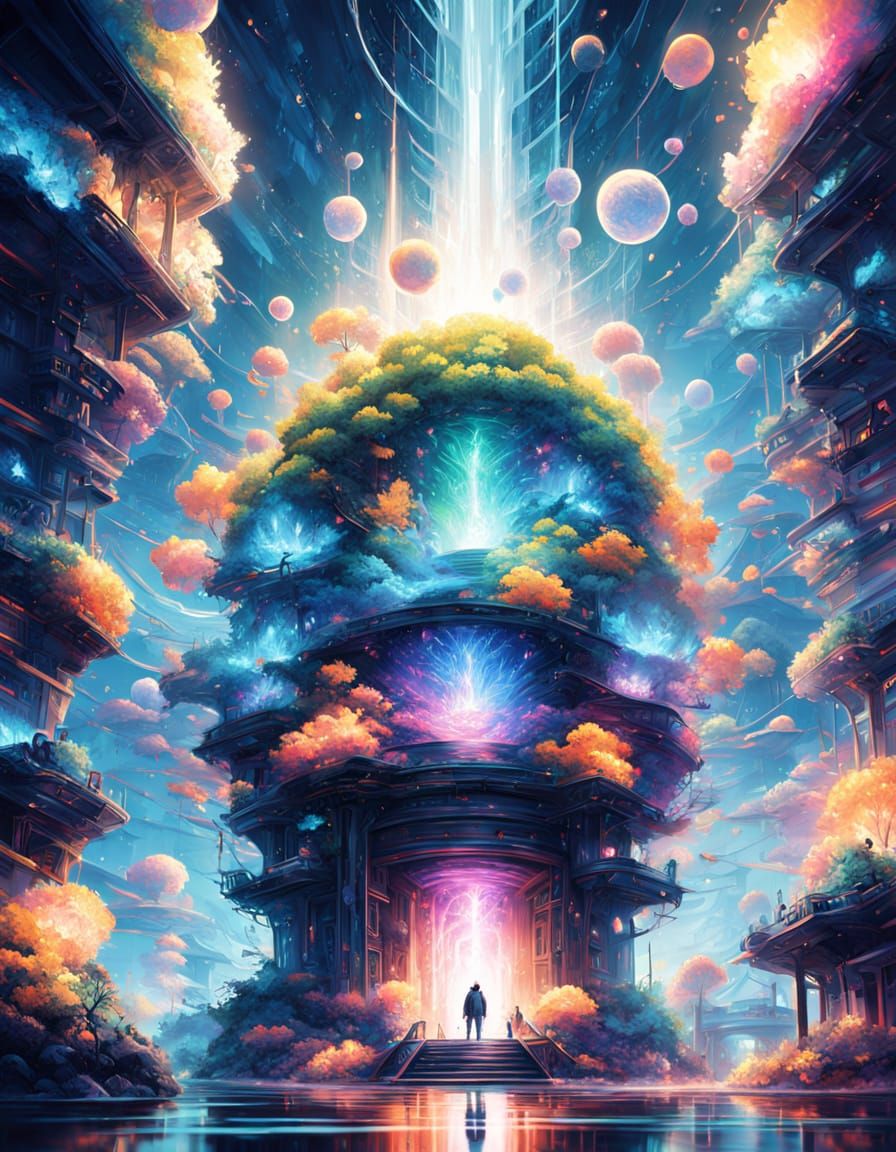 Luminous Crystalline Island Above Liquid Light Ocean