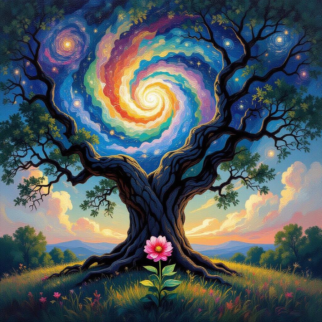 Impressionist Flower Under Cosmic Oak Tree